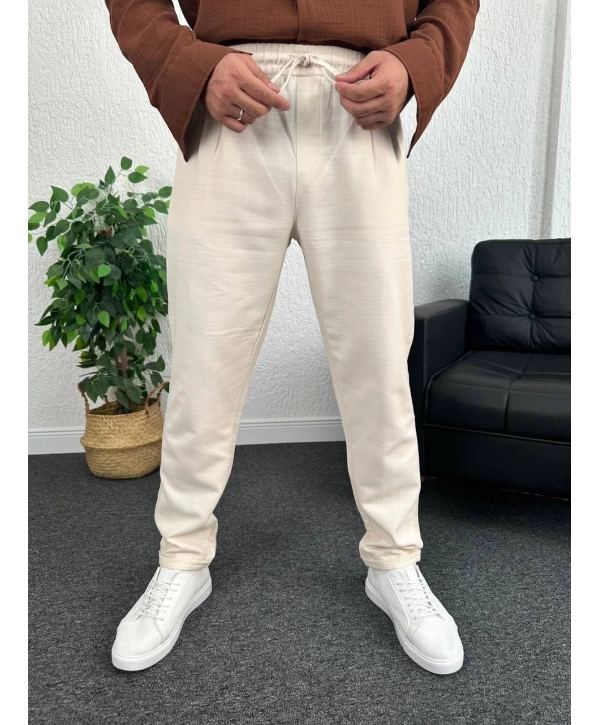 Bej Duble Paça Pileli Ham Keten Pantolon