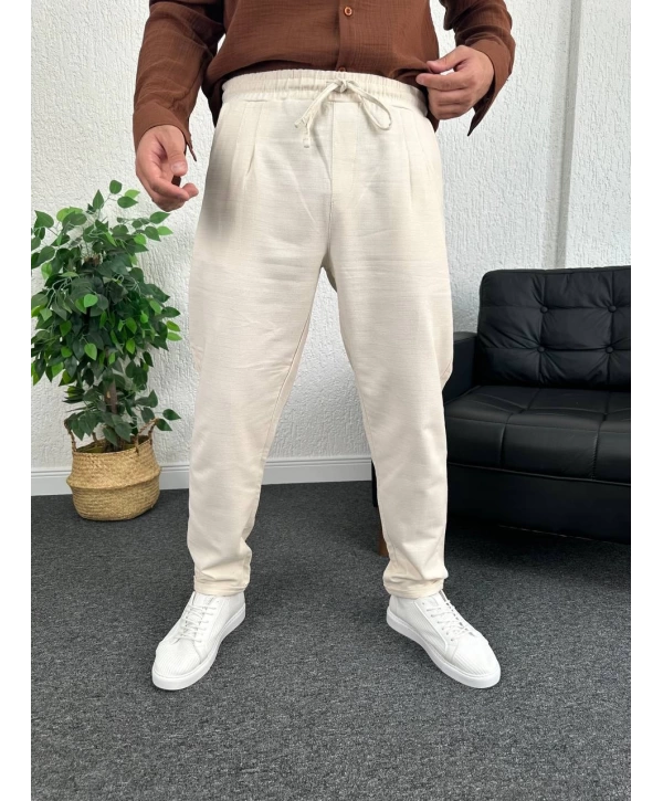 Bej Duble Paça Pileli Ham Keten Pantolon