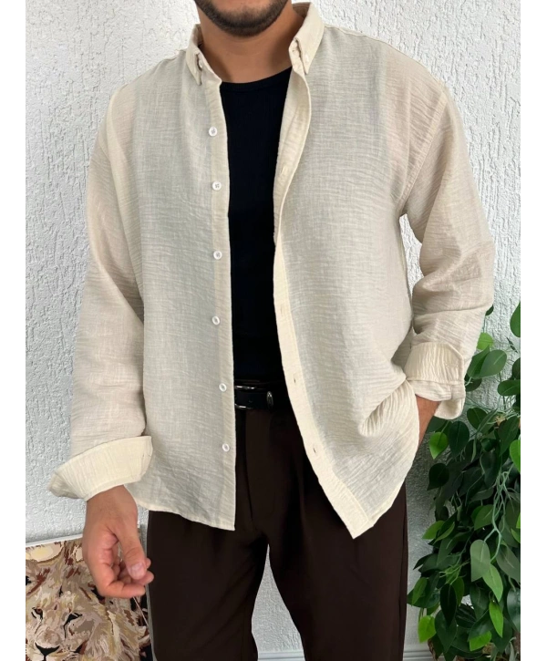 Bej Erkek Oversize Giesto Keten Gömlek