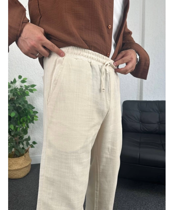 Bej Ham Keten Baggy Pantolon