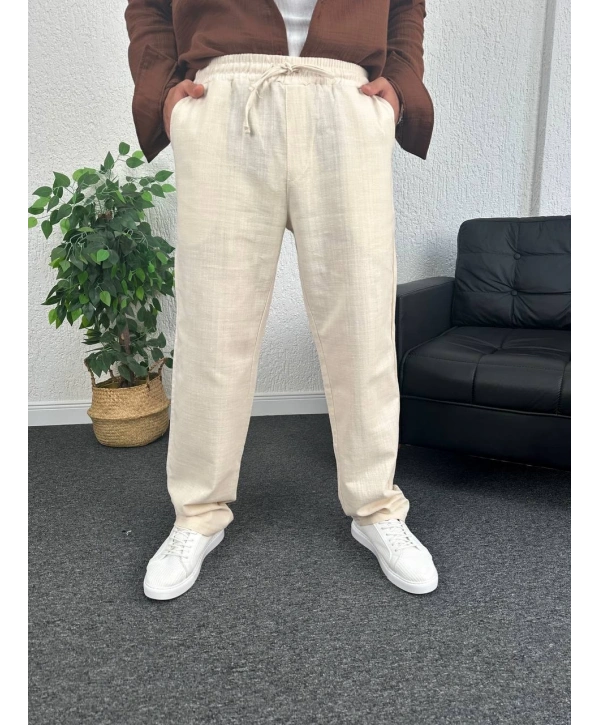 Bej Ham Keten Baggy Pantolon