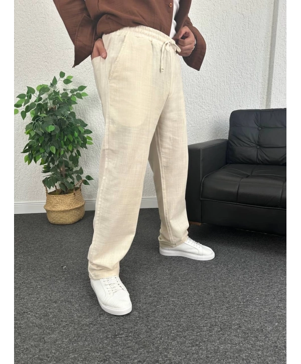 Bej Ham Keten Baggy Pantolon
