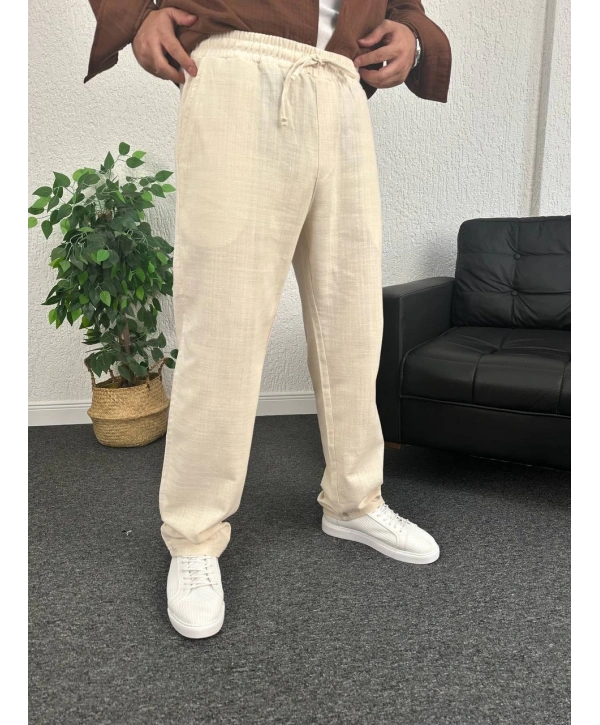 Bej Ham Keten Baggy Pantolon
