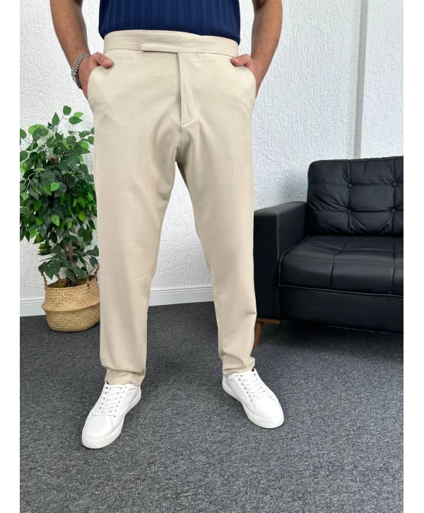Bej İtalyan Kesim Düğmesiz Kumaş Pantolon