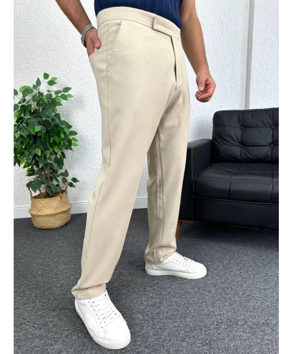 Bej İtalyan Kesim Düğmesiz Kumaş Pantolon