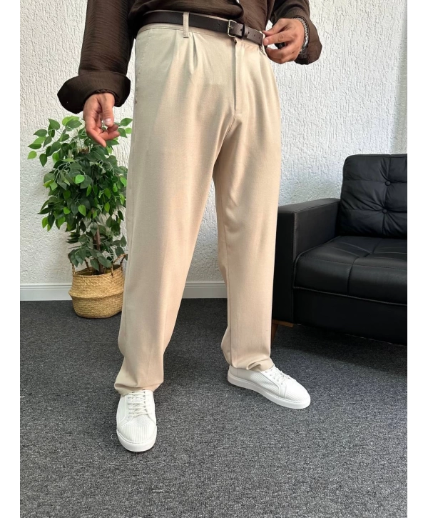 Bej Pileli Kumaş Baggy Pantolon
