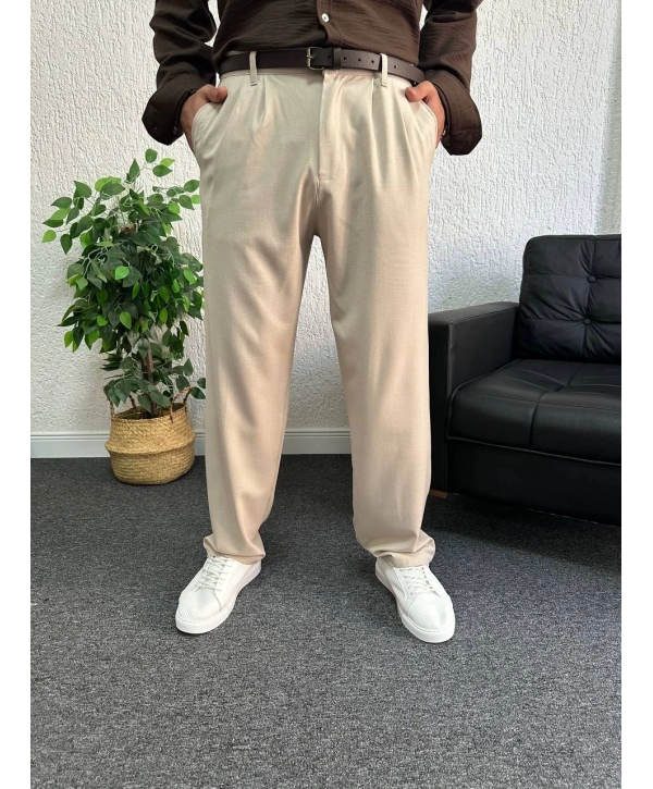 Bej Pileli Kumaş Baggy Pantolon