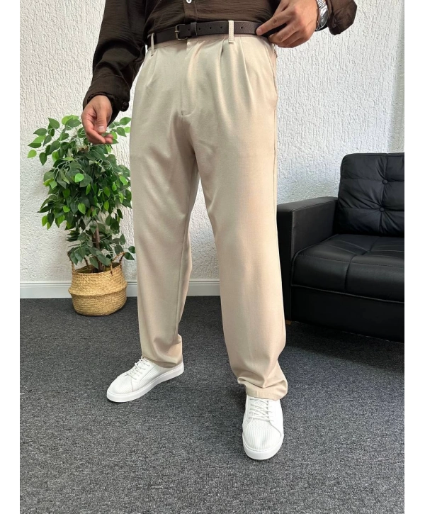 Bej Pileli Kumaş Baggy Pantolon