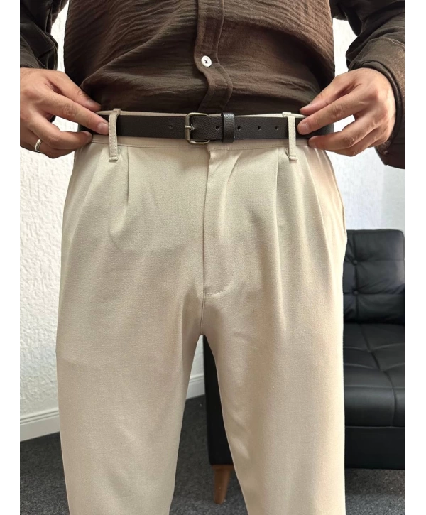 Bej Pileli Kumaş Baggy Pantolon