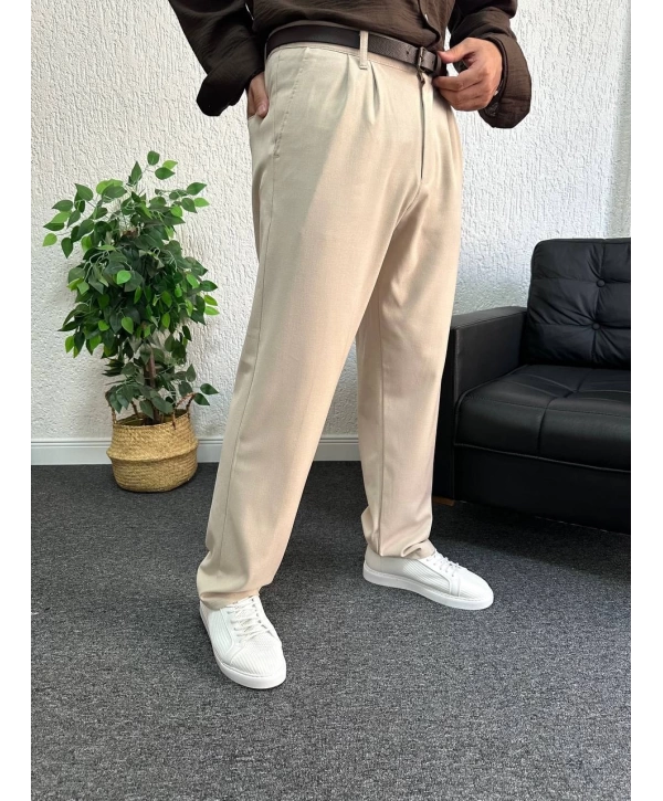 Bej Pileli Kumaş Baggy Pantolon