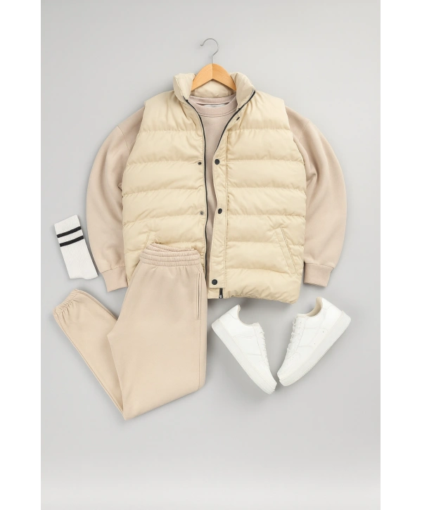 Bej Şişme Yelek & Bej Bisiklet Yaka Sweat & Bej Eşofman Altı 3lü Set