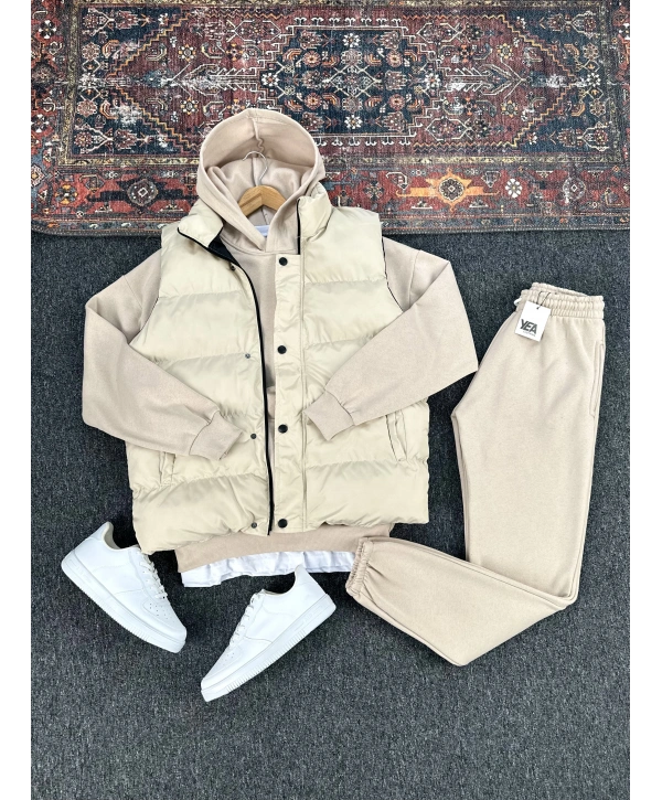 Bej Şişme Yelek & Bej Kapüşonlu Sweat & Bej Eşofman Altı 3lü Set