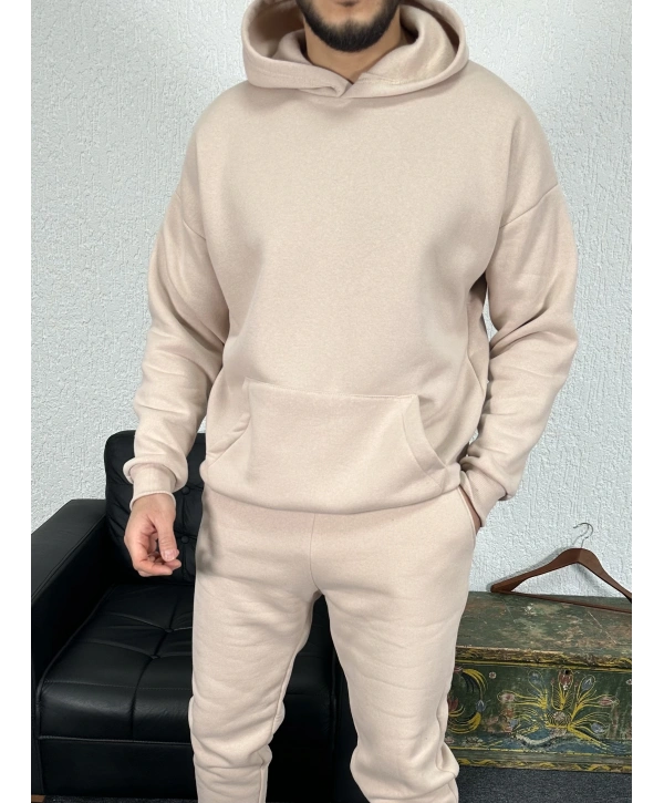 Bej Üç İplik Kapüşonlu Sweat