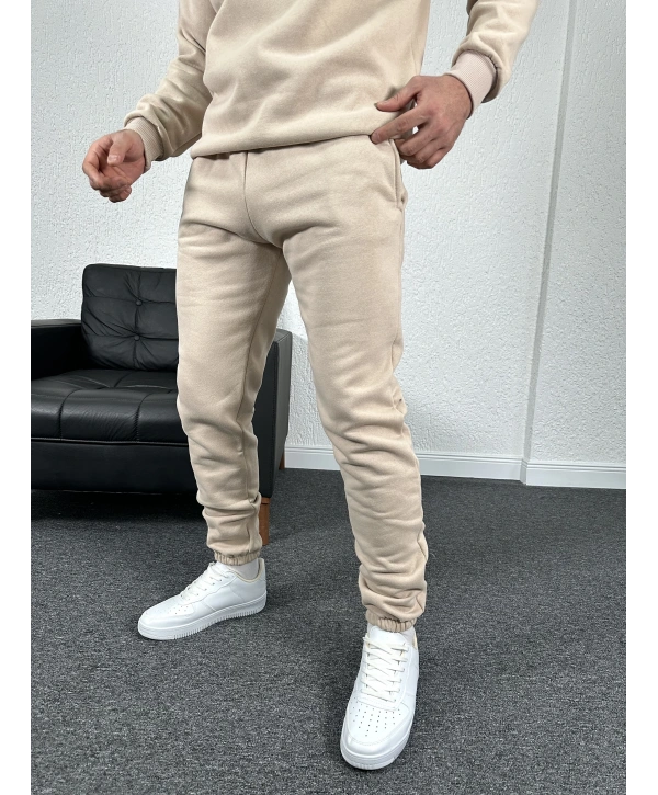 Bej Üç İplik Şardonlu Basic İçi Polarlı Eşofman Altı