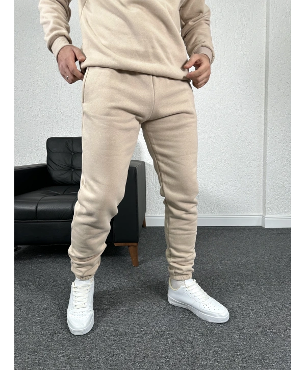 Bej Üç İplik Şardonlu Basic İçi Polarlı Eşofman Altı