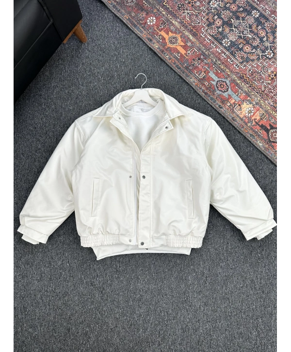 Beyaz Bomber Oversize Deri Ceket
