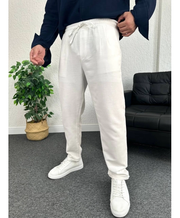 Beyaz Duble Paça Pileli Ham Keten Pantolon