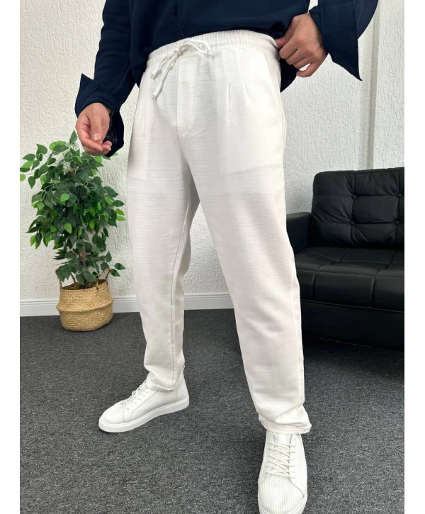 Beyaz Duble Paça Pileli Ham Keten Pantolon