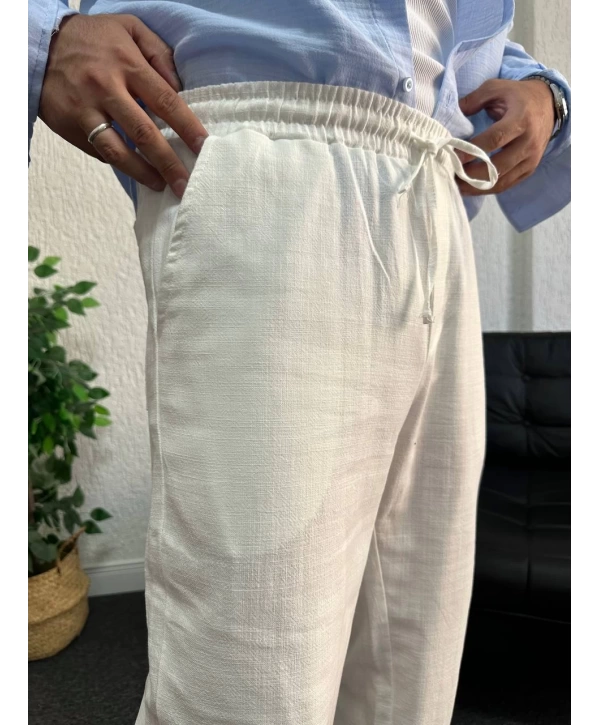 Beyaz Ham Keten Baggy Pantolon
