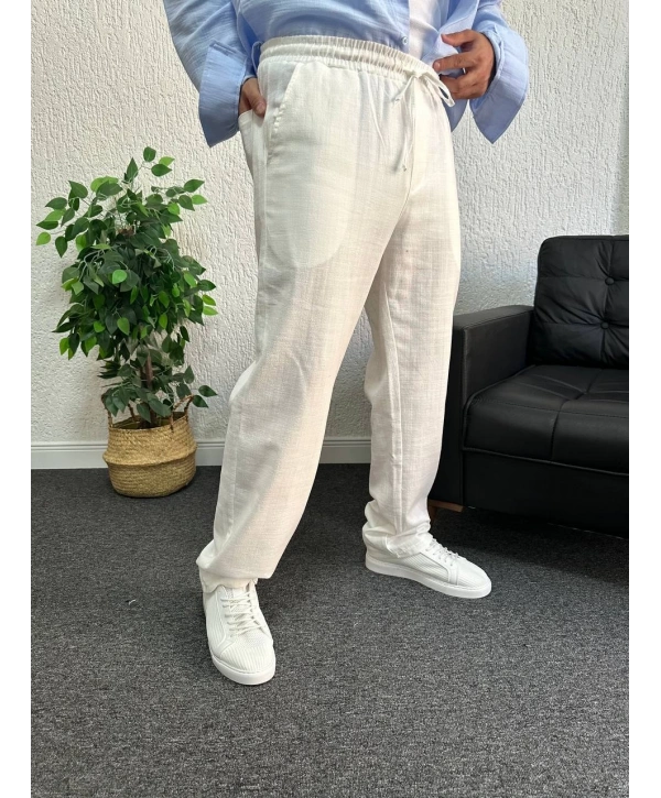 Beyaz Ham Keten Baggy Pantolon