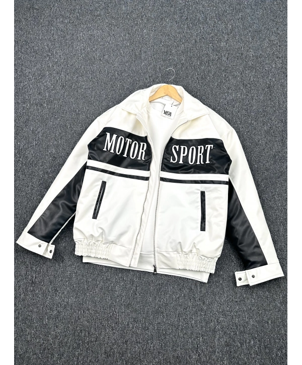 Beyaz Nakış Detaylı Astarlı Deri Ceket