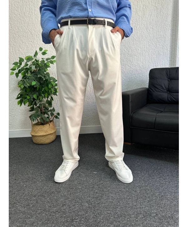 Beyaz Pileli Kumaş Baggy Pantolon