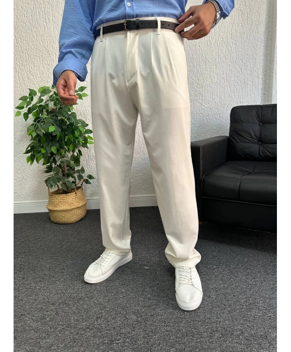 Beyaz Pileli Kumaş Baggy Pantolon