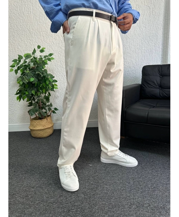 Beyaz Pileli Kumaş Baggy Pantolon