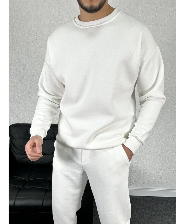 Beyaz Üç İplik Bisiklet Yaka Sweat
