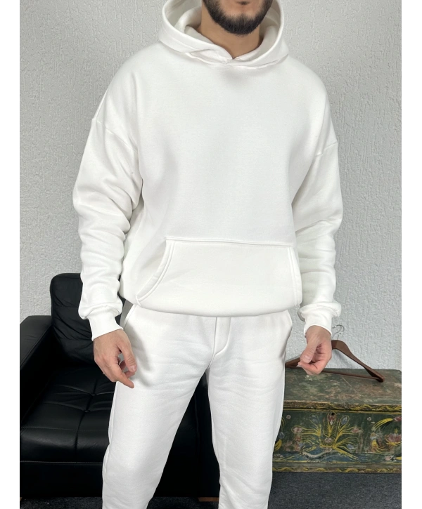 Beyaz Üç İplik Kapüşonlu Sweat