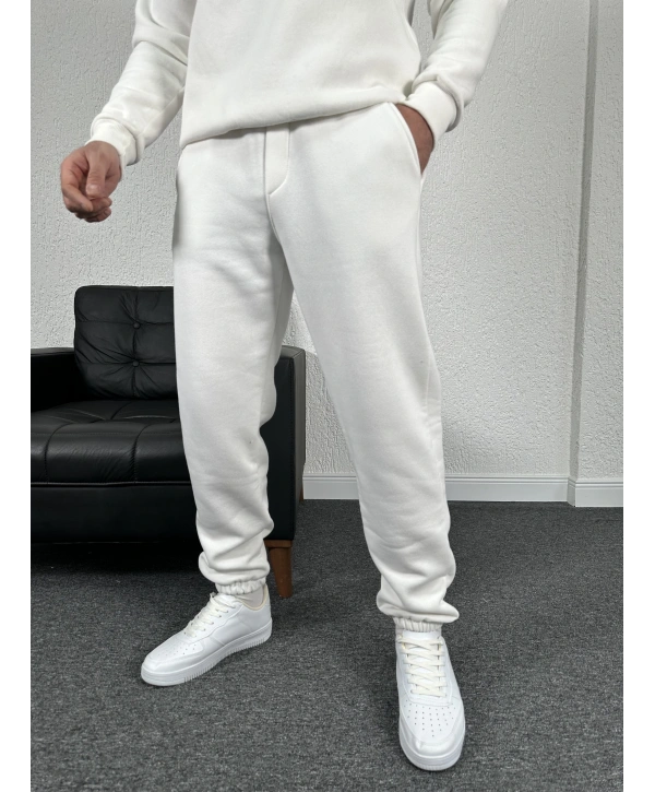 Beyaz Üç İplik Şardonlu Basic İçi Polarlı Eşofman Altı