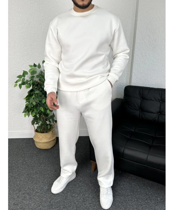 Beyaz Üç İplik Şardonlu Sweat & Baggy Eşofman Takım
