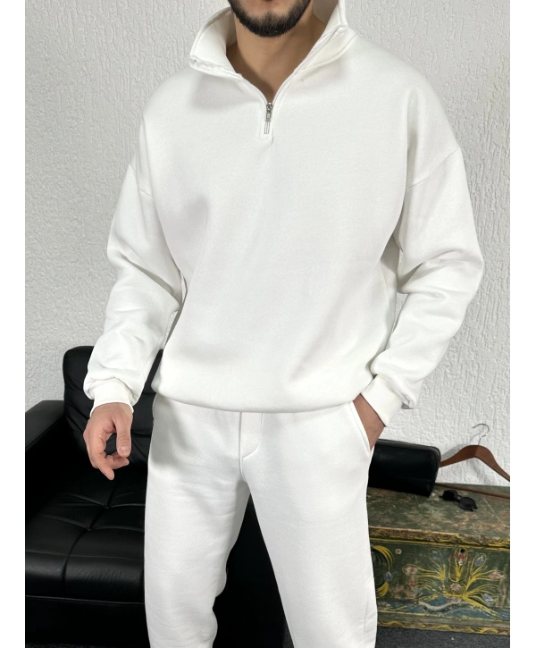Beyaz Üç İplik Yarım Fermuarlı Sweat
