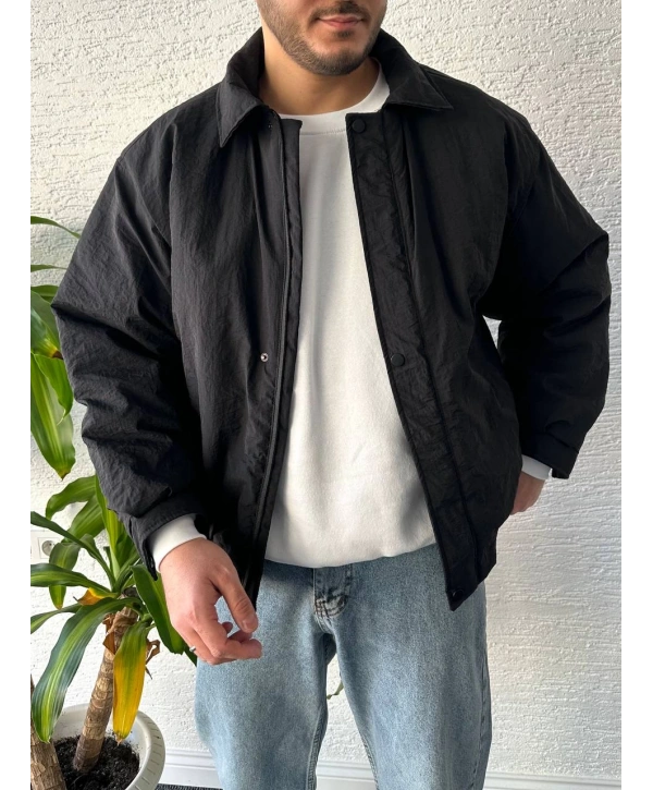 Siyah Erkek Oversize Krinkıl Bomber Ceket