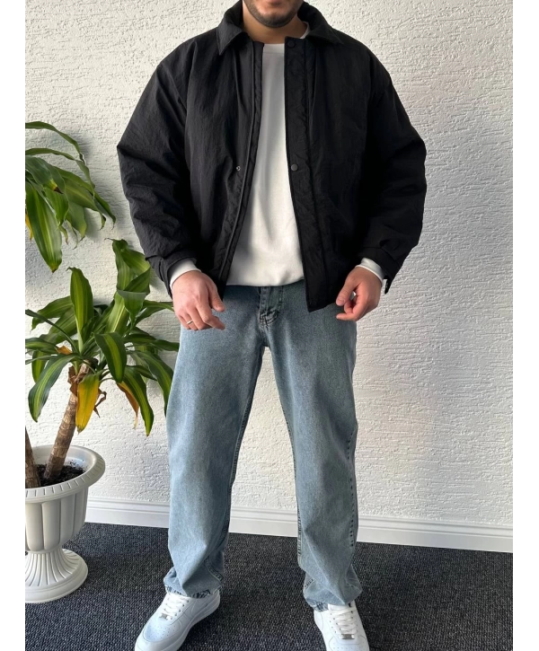 Siyah Erkek Oversize Krinkıl Bomber Ceket