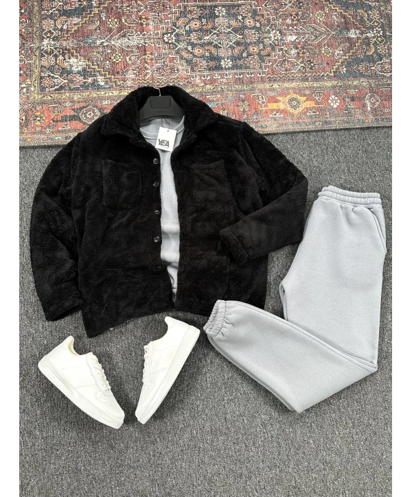 Erkek Siyah Peluş Gömlek & Üç İplik Gri Eşofman Altı Kombini