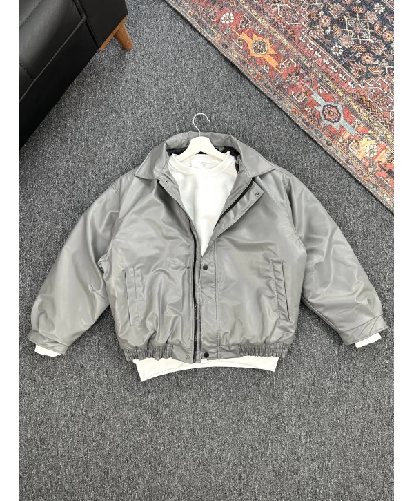 Gri Bomber Oversize Deri Ceket