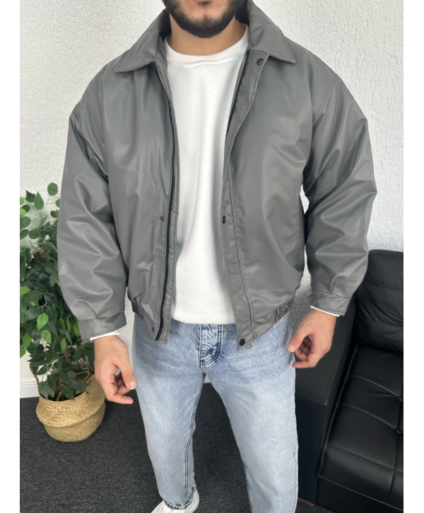 Gri Bomber Oversize Deri Ceket