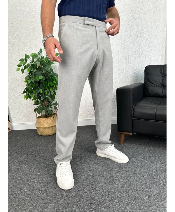 Gri İtalyan Kesim Düğmesiz Kumaş Pantolon