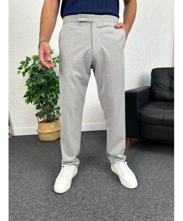 Gri İtalyan Kesim Düğmesiz Kumaş Pantolon