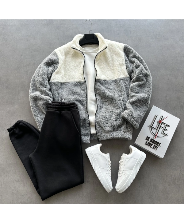 Gri Parçalı Peluş Ceket & Üç İplik Siyah Eşofman Altı Kombini