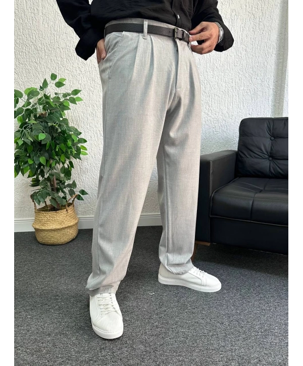 Gri Pileli Kumaş Baggy Pantolon