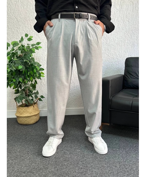 Gri Pileli Kumaş Baggy Pantolon