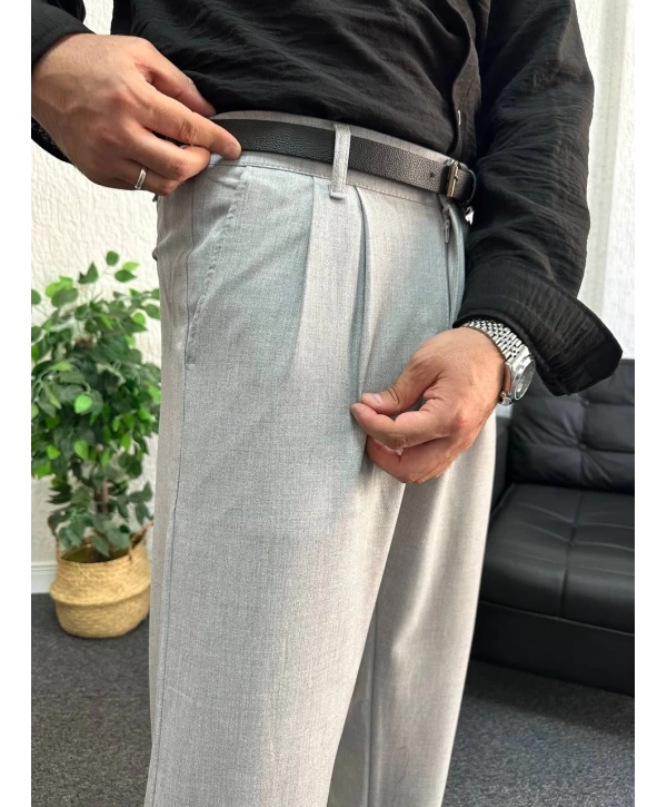 Gri Pileli Kumaş Baggy Pantolon