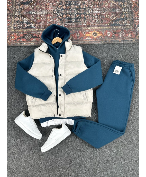 Gri Şişme Yelek & Lacivert Kapüşonlu Sweat & Lacivert Eşofman Altı 3lü Set