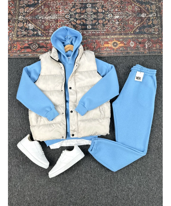 Gri Şişme Yelek & Mavi Kapüşonlu Sweat & Mavi Eşofman Altı 3lü Set