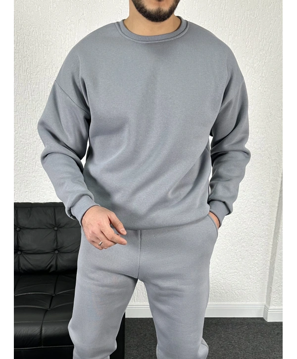 Gri Üç İplik Bisiklet Yaka Sweat