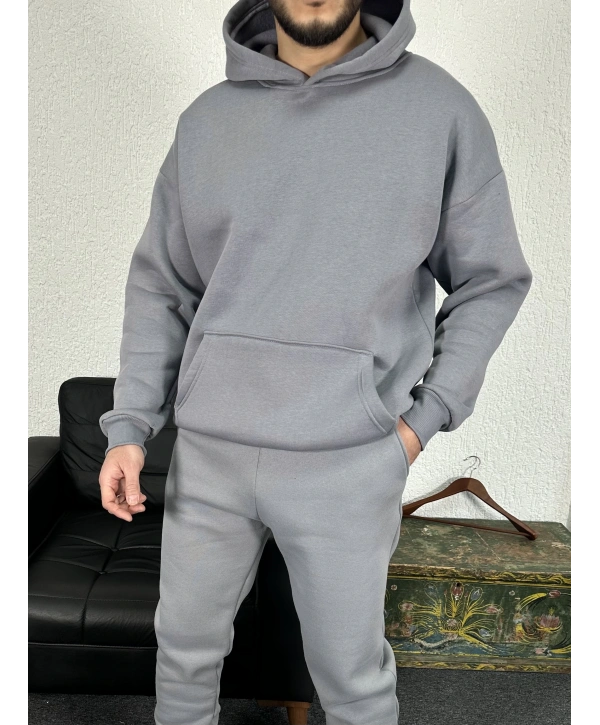 Gri Üç İplik Kapüşonlu Sweat