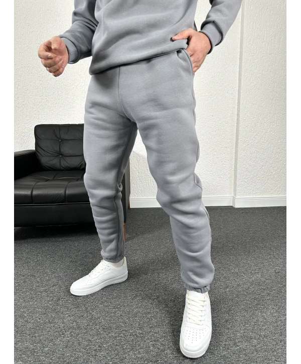 Gri Üç İplik Şardonlu Basic İçi Polarlı Eşofman Altı