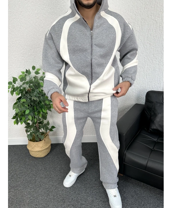 Gri Üç İplik Şardonlu Parçalı Eşofman Takımı